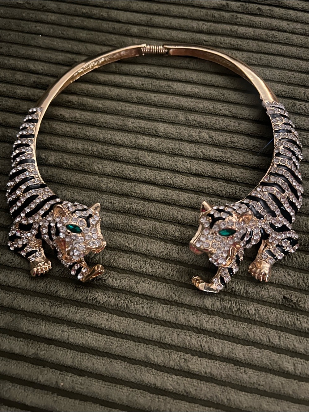 Crystal Tiger Head Open Necklace Choker in Gold and Black with Emerald Eyes